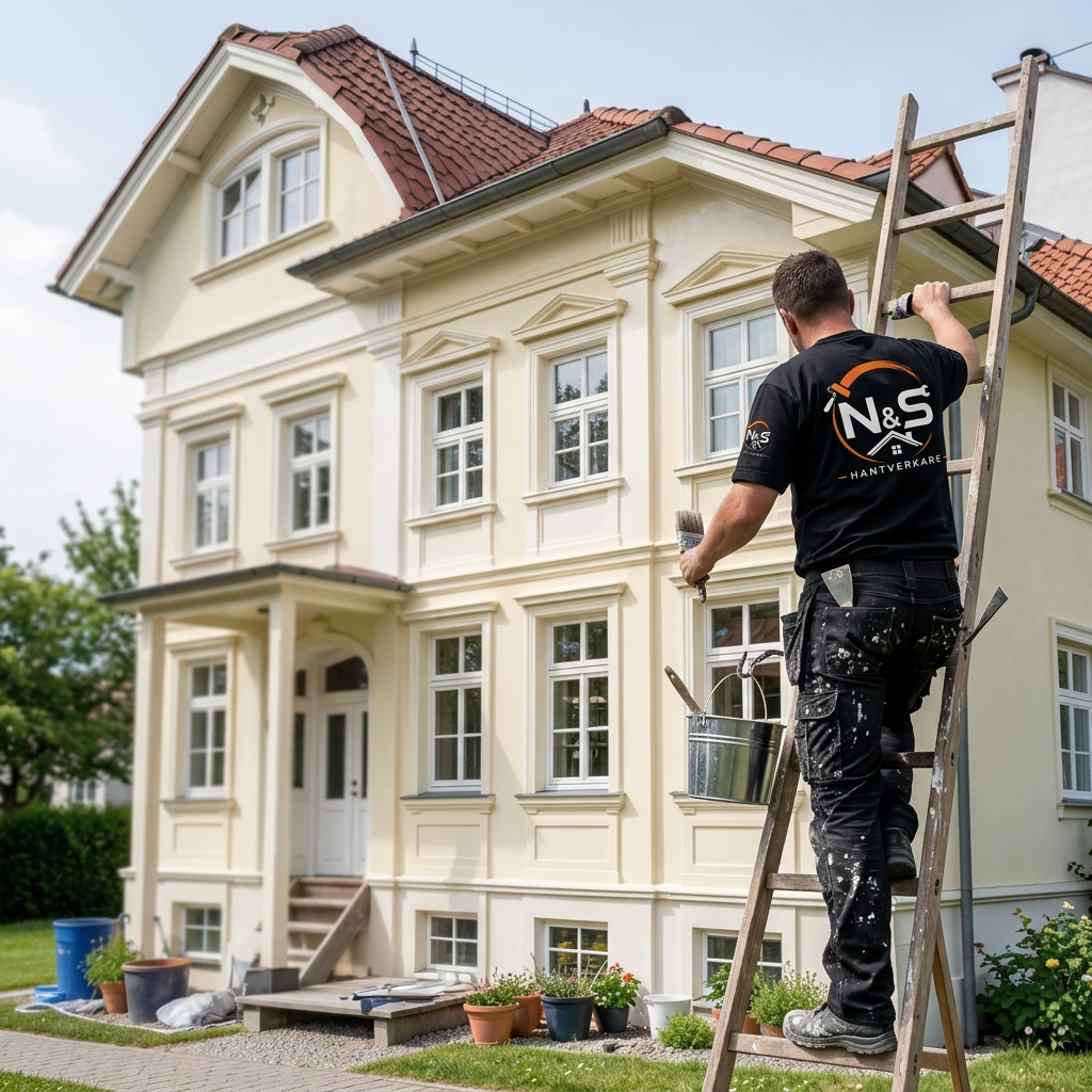 Fasadmålare från N&S Hantverkare målar en klassisk villa i Skåne