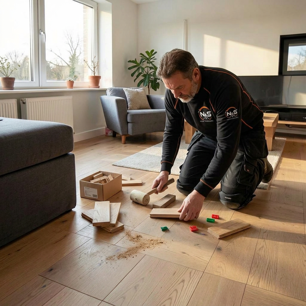 Golvläggare från N&S Hantverkare lägger parkettgolv i ett vardagsrum i Skåne