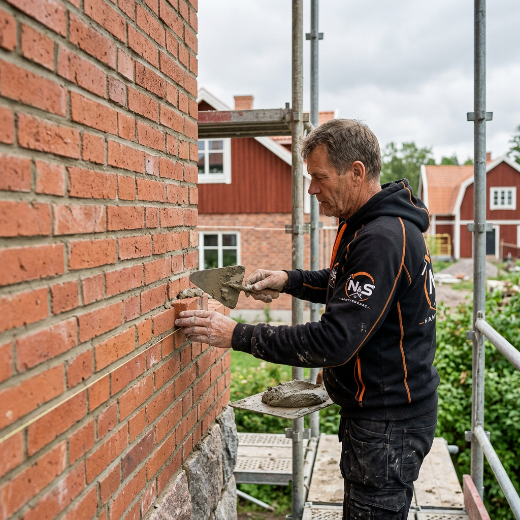 Murare från N&S Hantverkare lägger tegel på en fasad i Skåne
