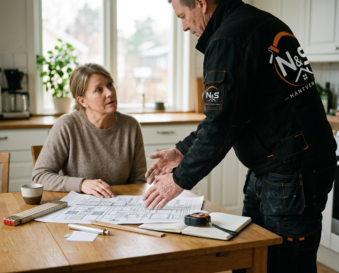 Projektplanering med ritningar inför en renovering i Helsingborg